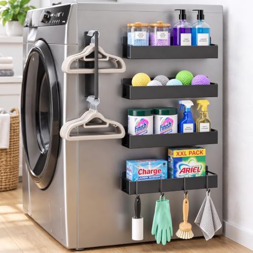 Vetacsion 4 Pack Magnetic Laundry Organizer, Heavy Duty Magnetic Shelf For Washer And Dryer, White, Iron (5‑Pack Magnetic Shelves with Hanger & Hooks) by HOMESTORAGE