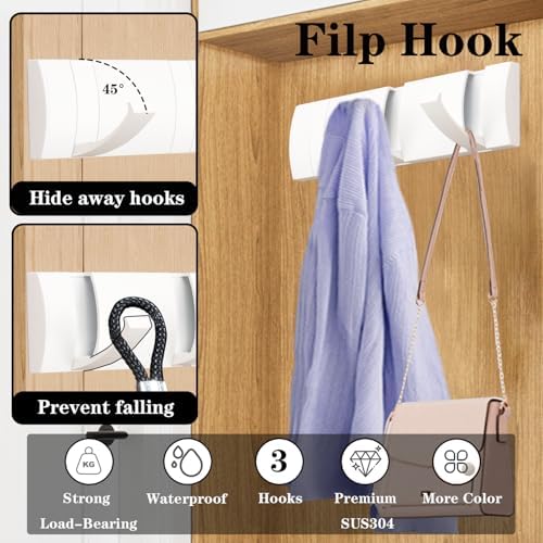 Folding Coat Hooks, Wall Mounted Coat Rack with 3 Retractable Hooks, Heavy Duty Towel Rack for Bathroom Wall Hook for Hanging Clothes Bathrobe, Stainless Steel Coat Hanger for Entryway(White) - Image 3