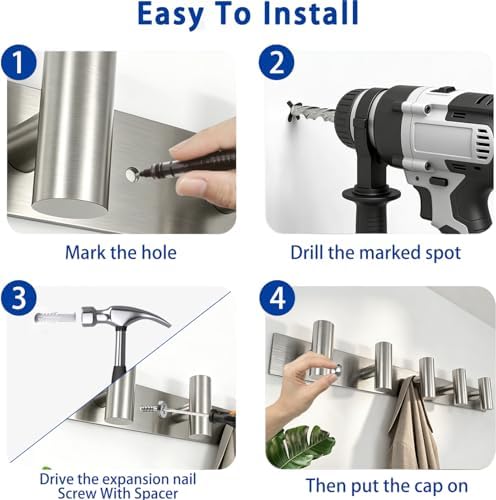 Brushed Nickel Coat Rack Wall Mount - 5 Hooks, Heavy Duty Stainless Steel Wall Hooks for Towels, Coats, Robes, Bags, Hats, Keys, Wall Coat Hanger for Bathroom, Entryway, Kitchen, Hotel, Bedroom,Office - Image 7