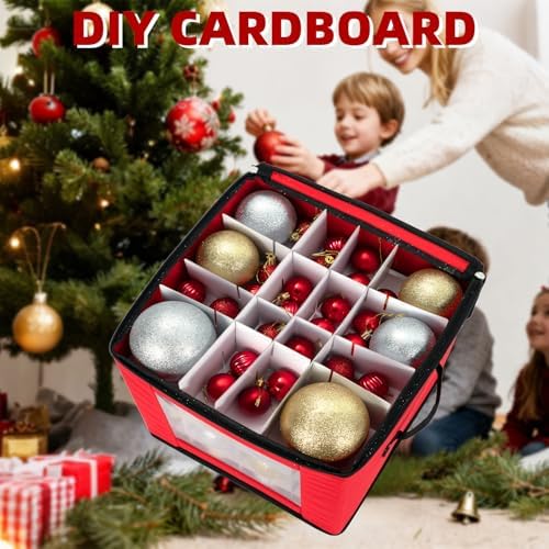 inin Christmas Ornament Storage Box with Adjustable Dividers,Christmas Ornaments Organizer with Zippered Top,Storage Container Bin for Holiday Decorations(64 Ball, Red, Without Tray) - Image 7