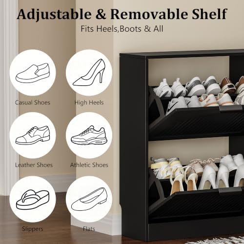 Fluted Shoe Storage Cabinet for Entryway, 4 Flip Drawers, Black - Image 6