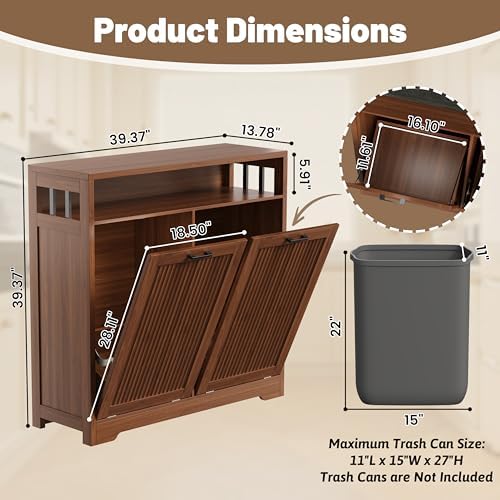 Pet-Proof Double 13 Gallon Tilt Out Trash Can Cabinet with Open Storage – Hide Garbage & Recycling Bins to Keep Your Kitchen Clean and Organized,Walnut - Image 3