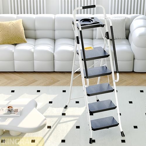 KINGRACK 5 Step Ladder, Folding Step Ladders for Home, 800lb Capacity,White - Image 6