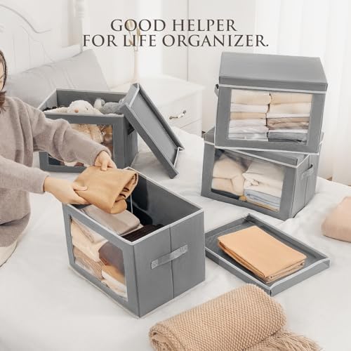 Homsorout Storage Bins, Storage Baskets for Shelves with Window, Fabric Storage Bins with Handle, Foldable Storage Cubes Boxes for Organizing for Clothes, Towels, Books, 3 Pack, Grey - Image 2
