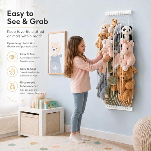 Stuffed Animal Storage Wood Soft Toy Storage for Kids Room，Wall Mount Door Hanging Stuffed Animal Toy Organizer Shelf for Nursery Play Room White -Patent - Image 3