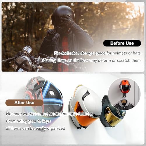 Motorcycle Helmet Holder Wall Mount - Heavy Duty Helmet Hanger Rack with 2 Key Hooks, Solid Wood & Strong Steel Design for Bike, Football, Skiing Sports Gear, Jackets & Hats (2) - Image 2
