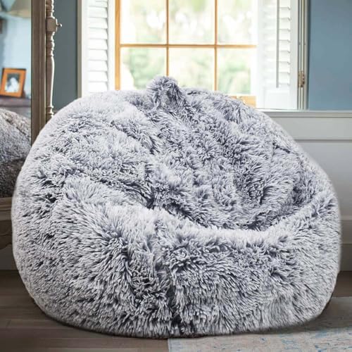 Fluffy Stuffed Animal Storage Bean Bag Chair Cover (No Filler), Faux Fur Comfy Bean Bag Cover for Organizing Plush Toys or Textile, for Adults Teens Kids Girls, Gray - Image 2