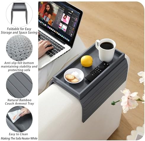Bamboo Couch Arm Tray Table，Foldable Sofa Armrest Tray Table for Couch，Flexible and Anti-Slip Couch Arm Cup Holder，Portable Sofa Arm Chair Table for Drink,Cups, Eats，Snacks, Phone, Remote (Gray) - Image 6