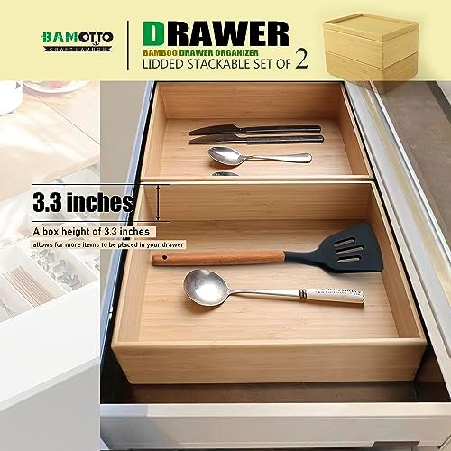 Stackable Bamboo Drawer Organizer Set – 2 Boxes with 1 Lid | Wood-Laminated Trays for Kitchen Utensils, Silverware & Flatware – Storage Fits Cabinets, Pantry, Bathroom & Office | 10.2"x7.3" (2-Pack) - Image 3