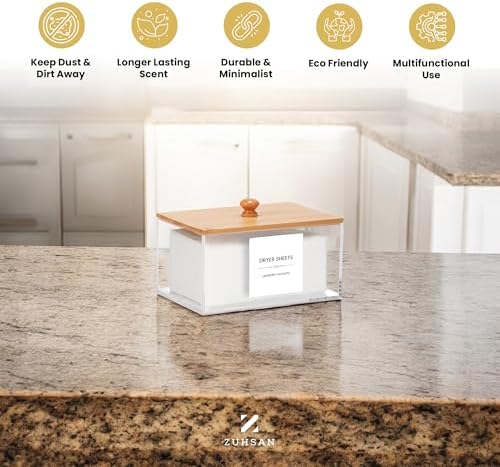 Dryer Sheet Holder with 30 waterproof Labels, Acrylic made tissue box holder with black bamboo lid, Acrylic Container Storage Box for Laundry Room Organization, Holds Sheets, Balls (Black) - Image 5