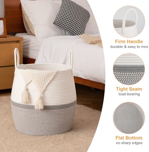 OIAHOMY 60L Blanket Basket with Handle, Storage Basket for Living Room, Laundry Hamper for Clothes, Towels, Pillows, Toy Storage for Kids and Dogs, Baby Hamper for Nursery - Grey & White - Image 3