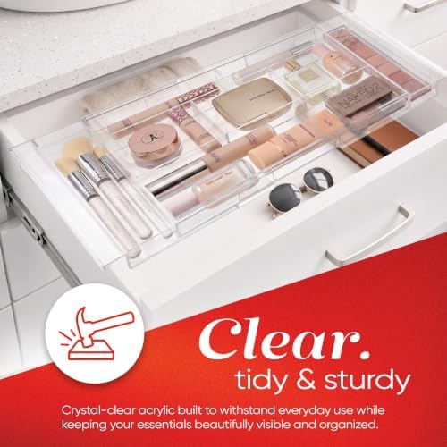 Masirs Expandable Drawer Organizer - Customizable Makeup Vanity Organizing Storage Tray for Bathroom, Bedroom & Desk Drawers - Clear Plastic Cosmetics Organizers with Expanding Compartment (Set of 2) - Image 5