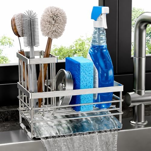 Cisily Sink Caddy Sponge Holder for Kitchen with Brush Holder and Stainless Steel Self Drain Tray, Rustproof Kitchen Sink Organizer for Sponge, Soap Dispenser Storage Accessories by CISILYHOMELIFE