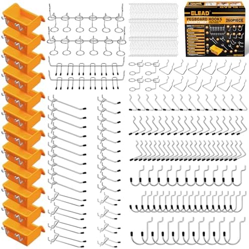 ELEAD 260 Piece Pegboard Hooks 1/8 and 1/4 inch Peg Board Organizer Accessories with Pegboard Bins for Organizing Various Tools in The Garage, Workshop & Craft Room by ELEAD