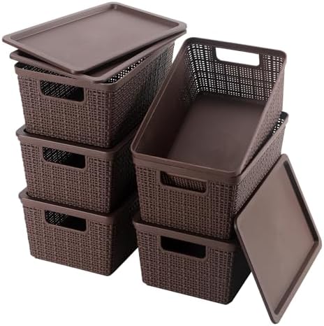 6 Pack Plastic Storage Baskets with Lid,Brown Stackable Bins by WRRLORS