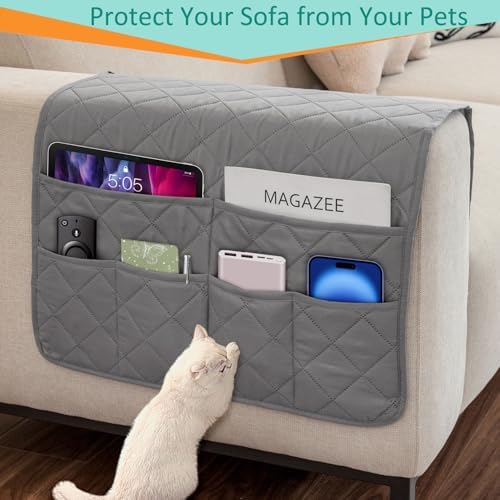 Remote Control Holder for Recliner Non-Slip Armchair Caddy Couch Armrest Organizer, Arm Chair Bedside Caddy Storage Organizer for Recliner Couch With 6 Pockets for Magazine, Tablet, Phone, iPad (Grey) - Image 5