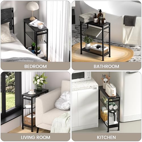 End Table for Small Space, 3-Tier Narrow Side Table with Magazine Holder, Nightstand, Skinny Snack Couch Table in Living Room, Bedroom Study and Balcony (Black) - Image 5
