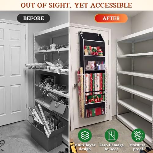 Black Over Door Wrapping Paper Organizer Storage with 3 Removable Drawers & Side Pockets – Dual Use Design with Elastic Straps – Christmas Gift Wrap Storage for Ribbons, Bows,Ornament and Other Tools - Image 3
