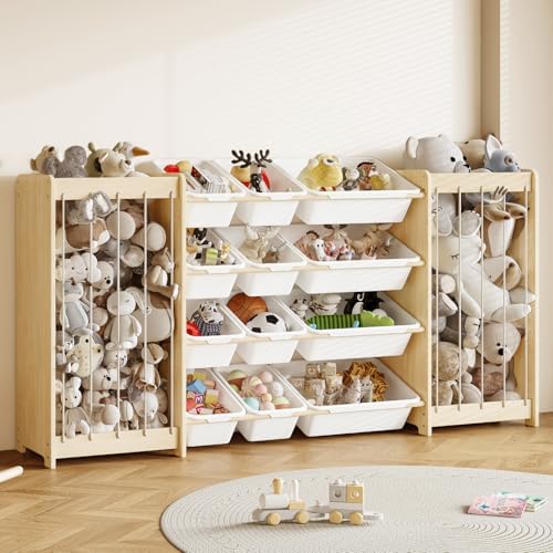EXPERLAM Large Toy Storage Organizer, Wooden Stuffed Animal Storage & 12-Bins Toy Organizer, Double-Sided Plush Toy Holder Featuring Thicker Ropes, Space Save Playroom Nursery Bedroom Storage, White by EXPERLAM