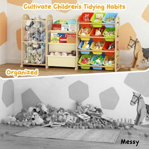 3-in-1 Toy Storage Organizer with Bookshelf, 12 Bins & Kids Plush Storage - Image 7