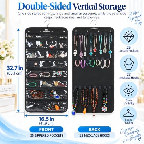 Freegrace Hanging Jewelry Organizer, 25 Zippered Pockets, 23 Necklace Hooks - Image 2