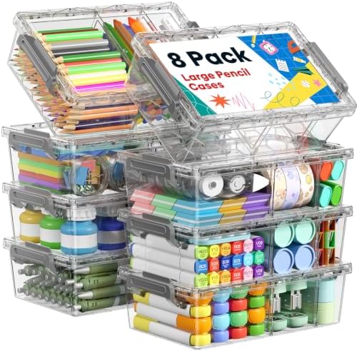 BiuLeon 8 Pack Large Pencil Box Set, Plastic Clear Pencil Case Marker Organizer, Crayon Box Craft Organizers, Stackable Storage Containers with Lid for Pen, Art and Craft Supplies(Gray—with dividers) by Unknown