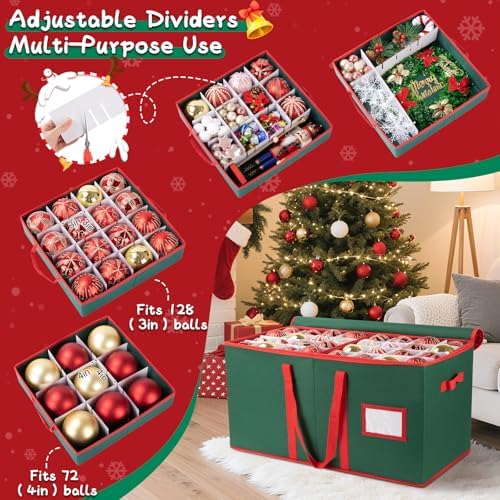 OIAHOMY Ornament Storage Box Holds 128 Christmas Ornaments, Christmas Ornament Storage Include Trays and Zippers, Ornament Organizer with Handle, Made of 600D Oxford Fabric - Green - Image 5