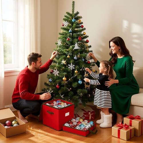 2 Pack Christmas Ornament Storage Box, Ornament Storage Include 8 Trays with Adjustable Dividers, Ornament Organizer with Handle Store Up to 128 Holiday Ornaments, Red - Image 3