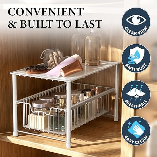 Simple Houseware Wired Stackable Under Sink Cabinet Sliding Basket, White - Image 5