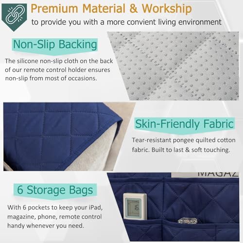 Sofa Armrest Organizer with 6 Pockets, Non-Slip Couch Recliner Armchair Caddy, Washable Remote Controls Holder, Storage for Magazine, Tablet (Navy) - Image 3