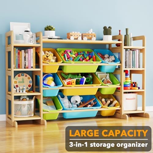 SpaceAid Large Toy Storage Organizer 9 Shelves 9 Bins, Toy Organizers Storage Bookshelf, Kids Bin Shelf Toys Box Bookcase for Bedroom Playroom Organization Room Decor, Multi-Colored - Image 3