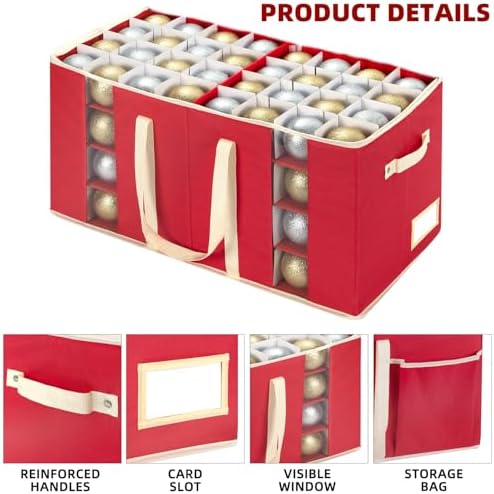 inin Christmas Ornament Storage Box with Adjustable Dividers,Christmas Ornaments Organizer with Zipper,Storage Container Bin with Side Pockets for Holiday Decorations(128 Ball, Red, without Tray) - Image 6