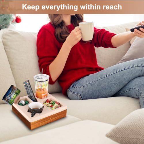 Couch Cup Holder Tray, Silicone Wooden Couch Caddy with Cup Holder for Snacks, Drinks, Remotes, Waterproof Cup Holder for Couch, Organizer, Couch Drink Holder - Image 2