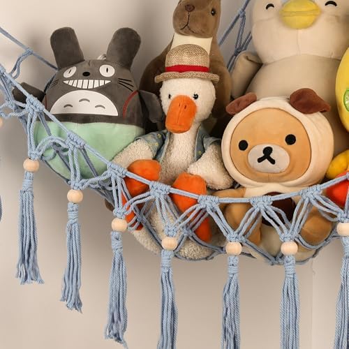 Stuffed Animal Toy Storage Hammock with LED Light-Macrame Jumbo Doll Room Organizer Mesh Decoration-Hanging Storage Nets Kids Bedroom(Blue Beads) - Image 4
