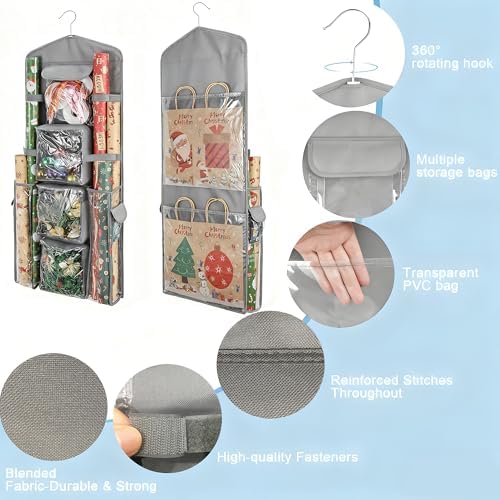 Hanging Wrapping Paper Storage Organizer, Double-Sided Gift Wrap Holder, 360° Rotating Gift Bag Storage Organizer for Your craft, Accessories, Gift Warp Supply, Wrap Ribbon and Stationery (Grey) - Image 5