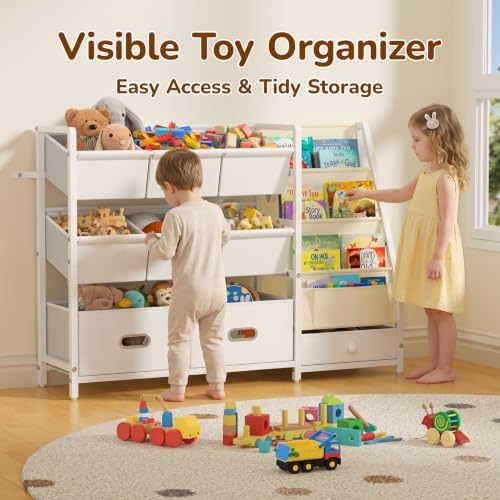 Kids Toy Storage Organizer, Kids Bookshelf and Toy Storage with 9 Bins, Montessori Toddler Bookshelf, Playroom Storage Organization, Baby Book Shelf for Kids Rooms, Nursery, White - Image 6
