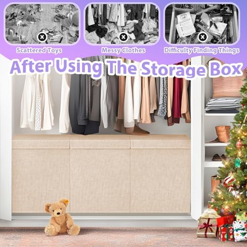 Large Toy Storage Box with Lid, Dividers, Collapsible Kids Toy Chest, Beige - Image 5