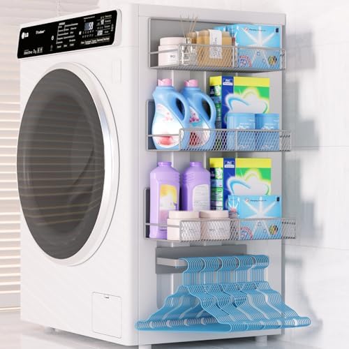 DTUQYX Magnetic Shelf for Washing Machine 4-Pack: Widen Magnetic Laundry Organizer (5"-6") with Hanger Organizer, Strong Magnet, Rust Proof, Heavy Duty Magnetic Spice Rack for Refrigerator (Grey) by DTUQYX