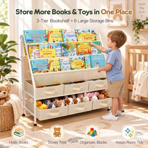 36" Extra Wide Kids Bookshelf and Toy Storage Organizer, 3-Tier Front Facing Book Shelf with 6 Large Removable Storage Bins, Toddler Bookshelf for Nursery, Playroom, Bedroom, Montessori Reading Corner - Image 6