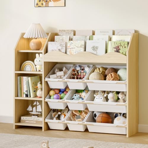 EXPERLAM Toy Storage Organizer, Scalloped Bookshelf, 4 Toy Shelves, 9 Bins by EXPERLAM