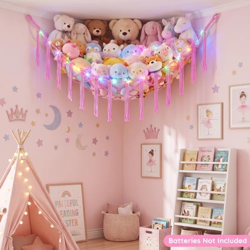 Basumee Stuffed Animals Hammock with LED Light Corner Net, Girls Room Decor - Image 4