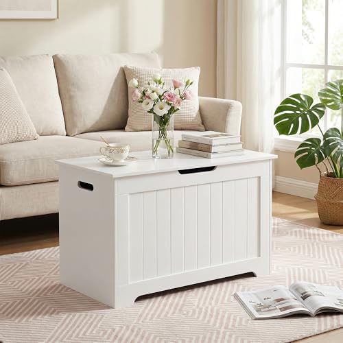 SUPER DEAL Storage Chest, 30 inches Chest Box Organizer with 2 Safety Hinges, Wooden Entryway Storage Bench, White - Image 2