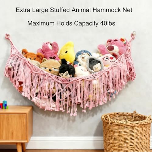 Stuffed Animal Hammock or Net With LED Lights Extra Large Wall Hanging Stuffed Animal Storage Nets for Teddy Bear Handmade Macrame Hanging Toy Net Hammock for Stuffed Animal(Pink) - Image 5