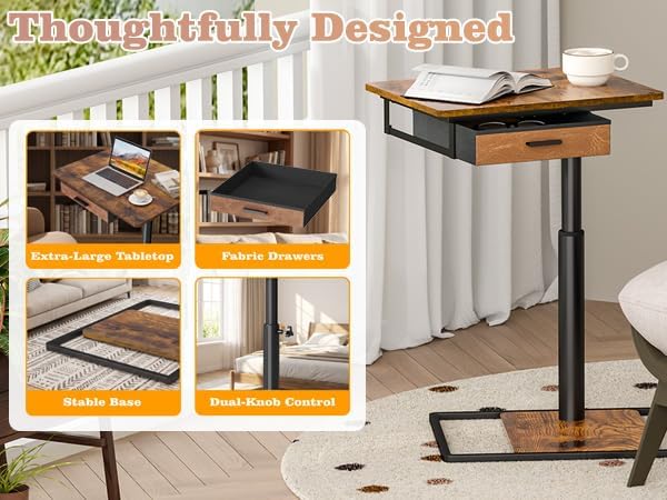 Simple Serenity Extra Large TV Tray Table with Drawer, Adjustable Height & 180° Swivel Top, C‑Shaped End Table for Eating on Couch, Sofa Side Table for Living Room, Bedroom and Small Spaces - Image 6