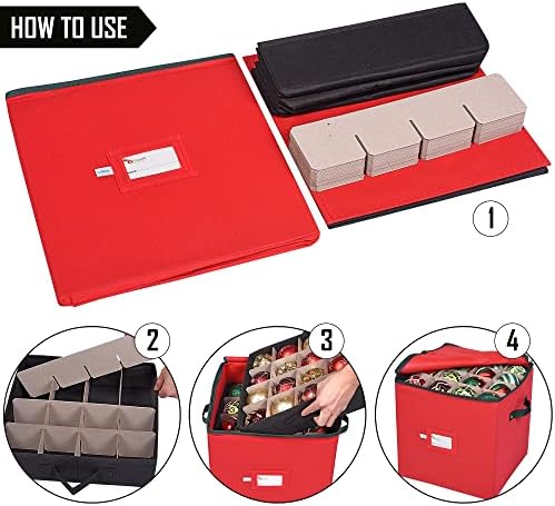 Christmas Ornament Storage Box, 4 Individual Trays Xmas Storage Container, Fits 64 Ornaments Decoration Balls, Constructed of Durable Polyester Material (Red) - Image 4