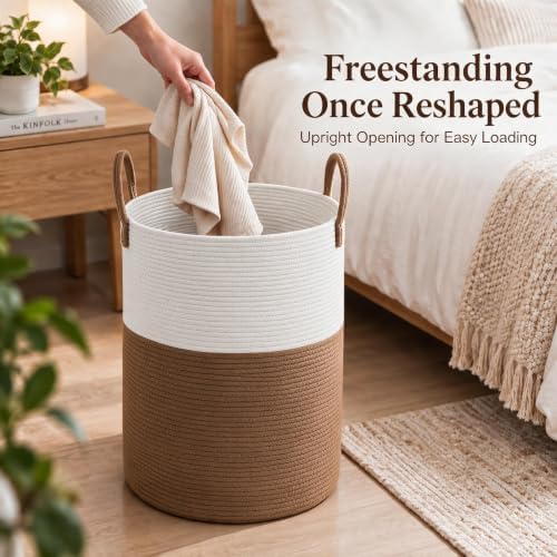 JMvicyroam 80L Cotton Rope Laundry Basket Hamper, White and Brown - Image 4