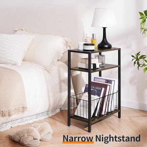 Narrow Side Table with Storage Basket Small End Table for Small Space,Brown - Image 5