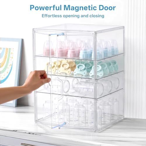 HBlife Baby Bottle Storage Organizer for Countertop Cabinet, 4 Tiers Adjustable Clear Acrylic Bottles Storage Station Case Box Container with 3 Removable Dividers and Magnetic Double Door, X-Large - Image 4