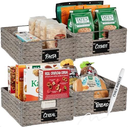 Best Choice Products Set of 4 16x12in Large Water Hyacinth Pantry Baskets, Woven Organizers w/Chalkboard Label, Chalk Marker - Gray by BestChoiceProducts