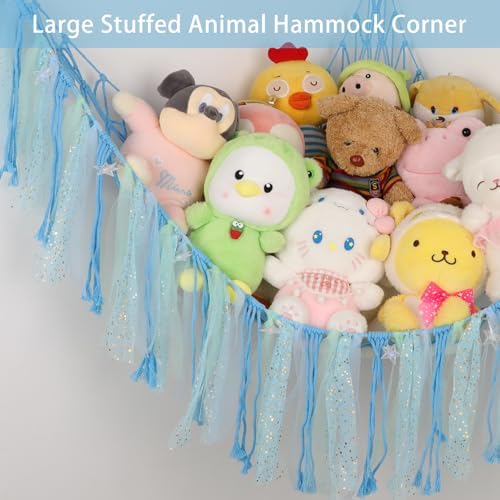Stuffed Animal Hammock with LED Lights - 59 Inch Large Toy Storage Net for Kids Bedroom, Wall-Mounted Plush Organizer with Wooden Rings, Nursery Decor (Handwoven, Blue) - Image 3